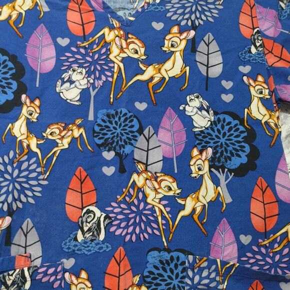 Disney Bambi Nurse Scrub Top Short Sleeve V-Neck Pockets Blue Womens Size XS - Picture 3 of 6